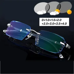Occhiali da lettura fotocromatici per esterni di lusso Uomo Donna Protezione UV Occhiali da vista lontano Taglio a diamante Senza montatura Presbiopia 0 + 1.0 + 4.0
