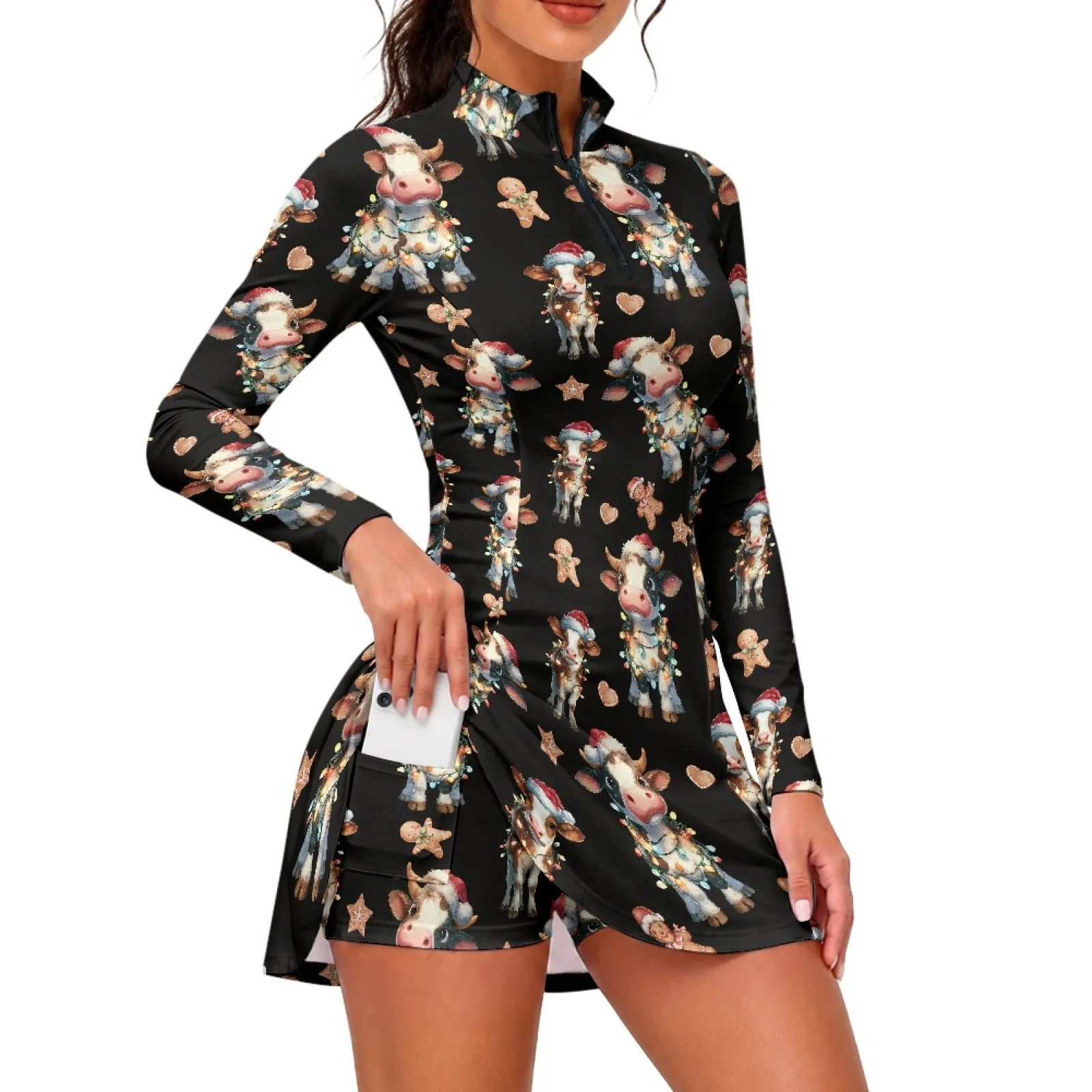 PENSTROLL Christmas Cow Art 2 Pieces Women's Long Sleeve Golf Dress with Shorts Side Pockets on Shorts Tennis Dress for Women