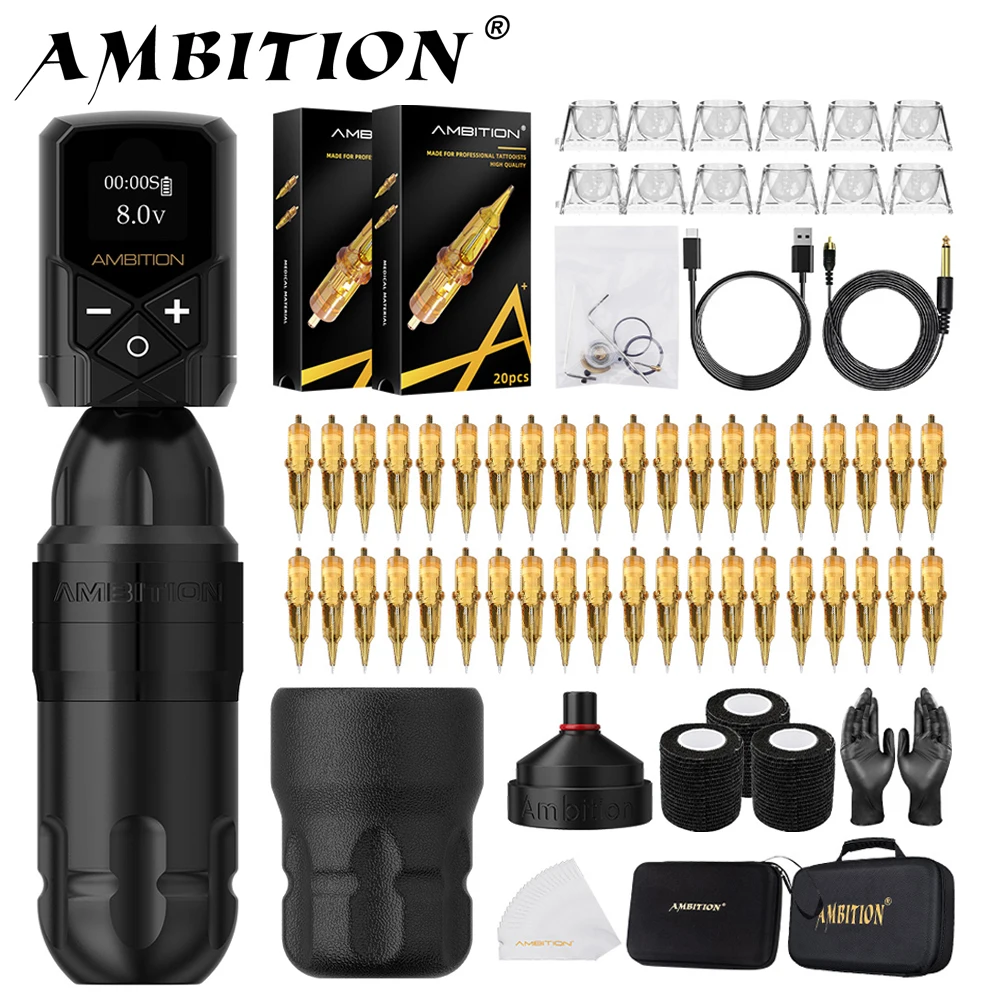 Ambition Shura Kit 2024 Double Bearing Rotary Tattoo Machine Pen RCA Stroke 3.5mm-4.0mm Coreless Motor Kuark Wireless Battery