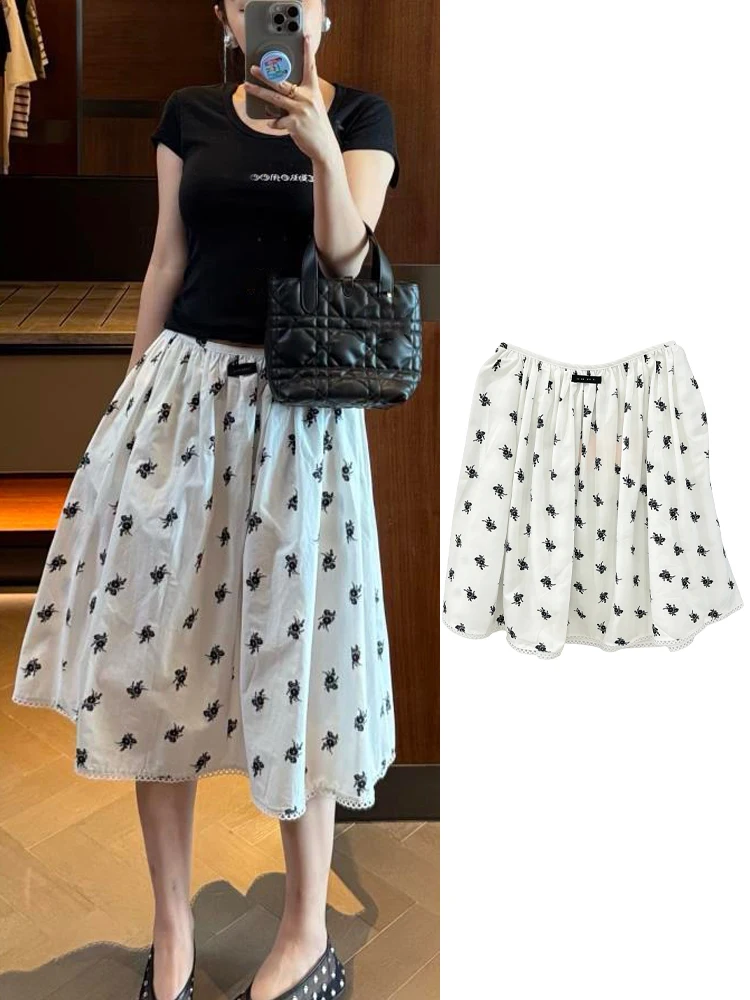 

Юбка с высокой талией и принтом, дышащая, с кружевными вставками, для города, повседневная, для свиданий, А-силуэт, с эластичной талией