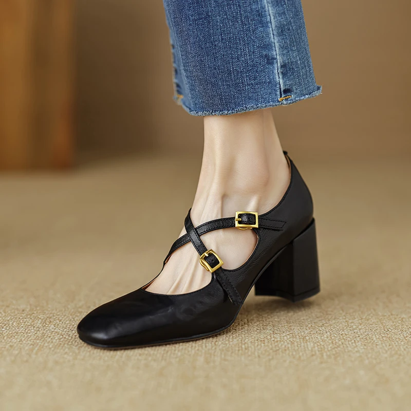 2024 New Spring Square Heeled Women Pumps Buckle Strap Genuine Leather Office Lady Shoes Woman Retro Square Toe Black Mary Janes