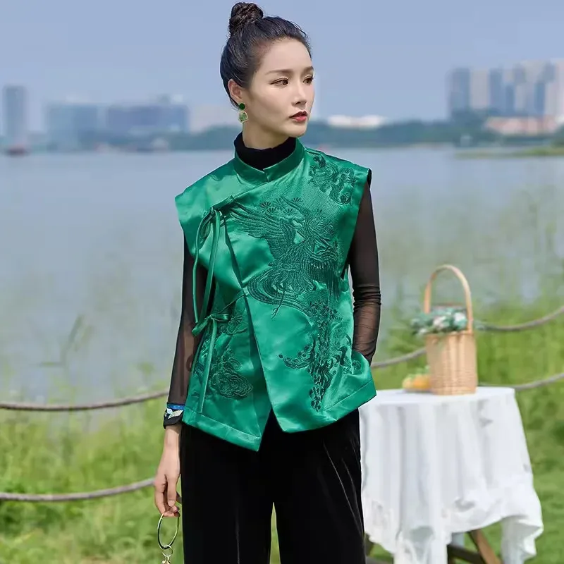 

Women's Green Vest Vintage Chinese Style Outerwear Vest Embroidered Lacing Vests Spring and Summer Elegant