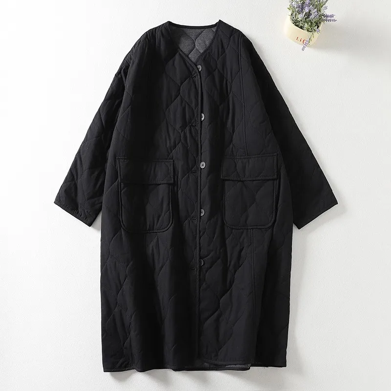 Oversized Vintage Cardigan Robe Women Jacket Double Pocket Casual Loose Quilted Cotton Coats Single Breasted Autumn Outerwears