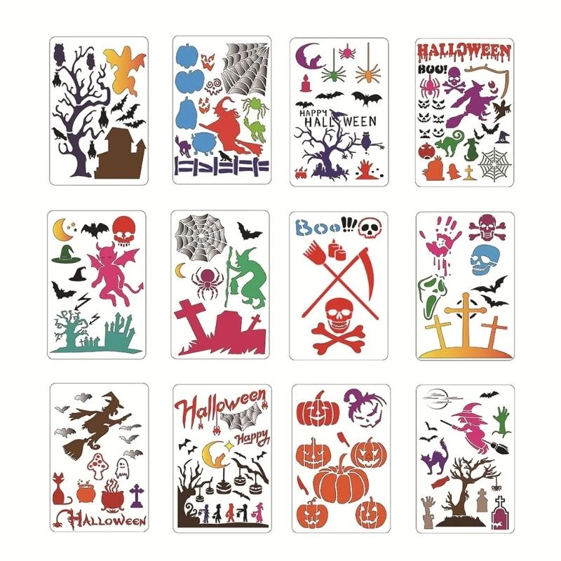 W89C 12Pcs Halloween Drawing Template Stencils Reusable Anti-break Painting Stencils
