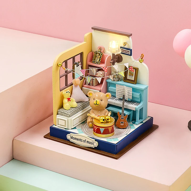 Wooden Mini Doll Houses DIY Handmade 3D Puzzle Assembly Building Kits With Furniture LED Coffee Store Dollhouse Toys For Kids