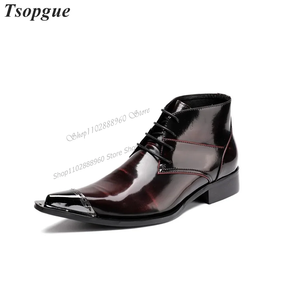 

Cross-Tied Burgundy Patent Leather Metal Toe Men's Pumps Men Dress Shoes Runway Casual Party Shoes 2023 Fashion Zapatillas Mujer