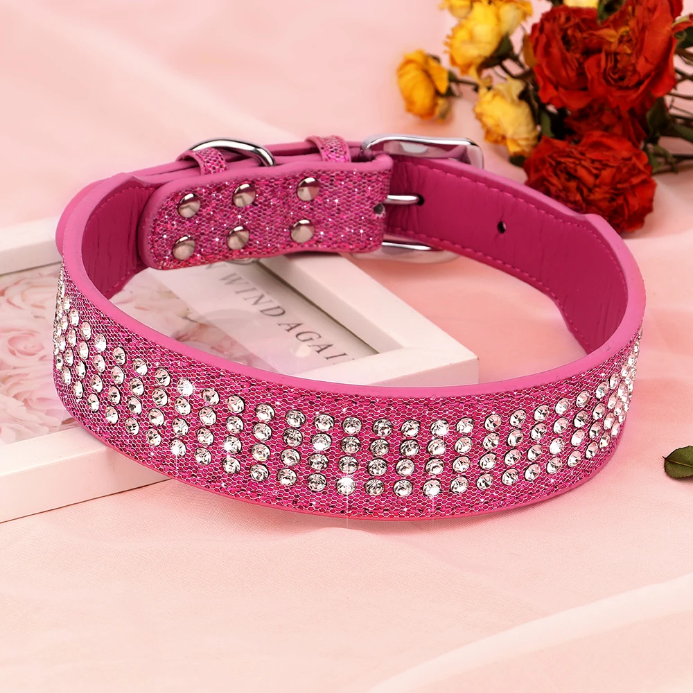 Rhinestone Leather Dog Collar Bling Crystal Wide Pet Collar 4 Row Full Diamond Dog Collars for Small Medium Large Dogs Pitbull