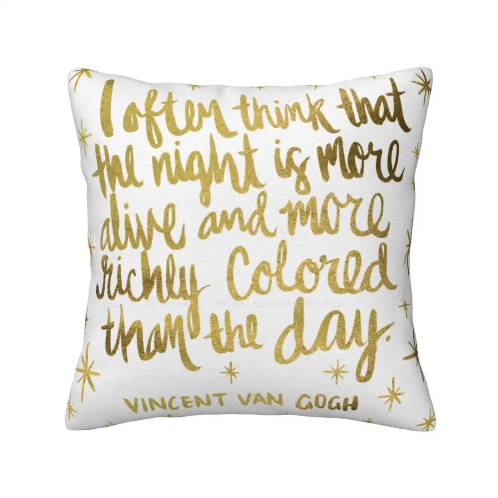 Night Owl – Gold Funny Cute Decor Square Pillowcase Vincent Van Gogh Quotes Inspirational Calligraphy Typography Inspire