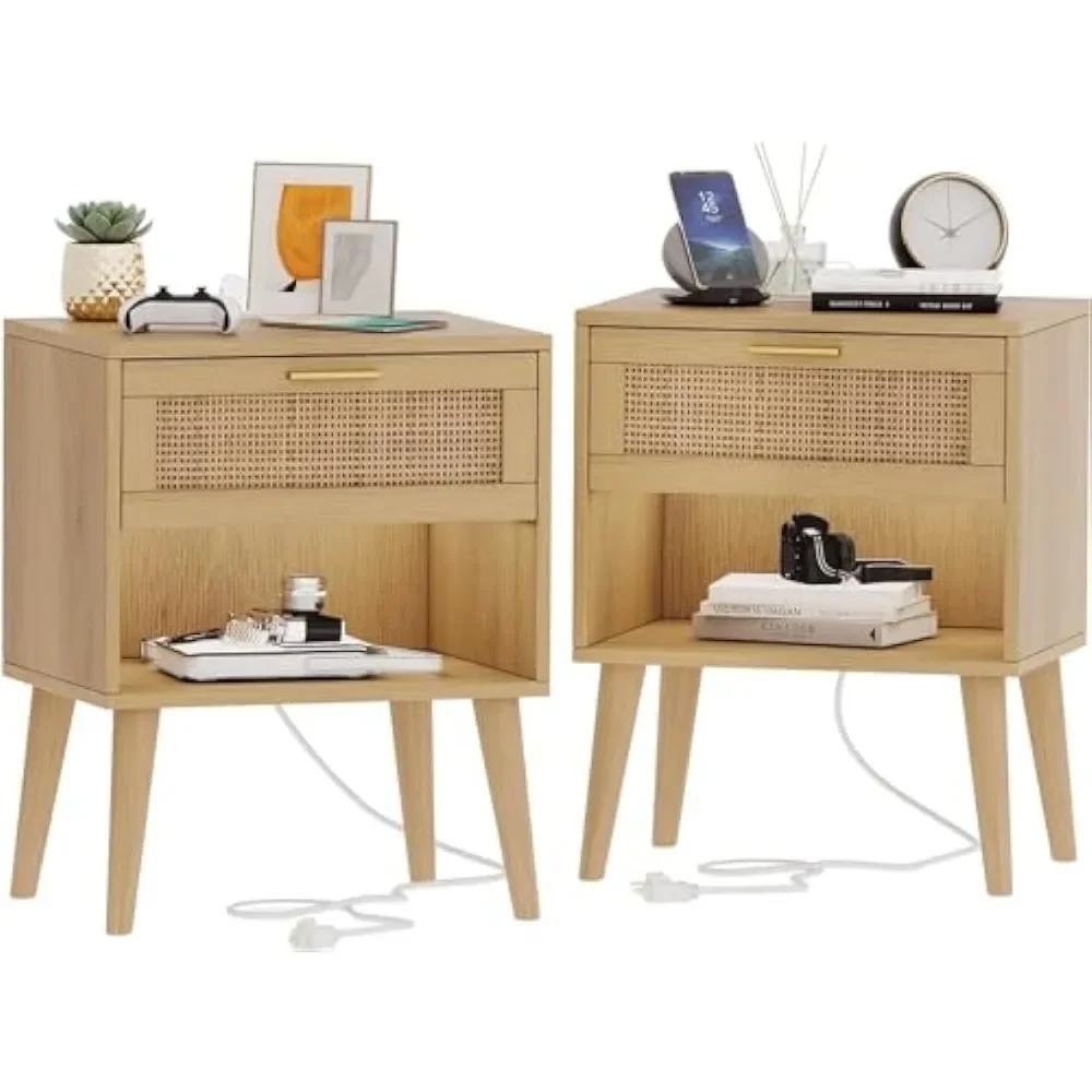 Nightstands Set of 2, Night Stands with Charging Station & Rattan Drawer, Boho Style Bed Side Tables with Solid Legs,  Natural