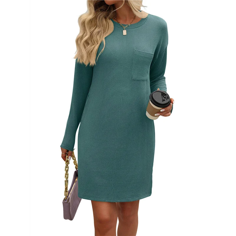 ABRT-Mini robe t-shirt côtelée à manches longues et col rond pour femme, décontractée, automne