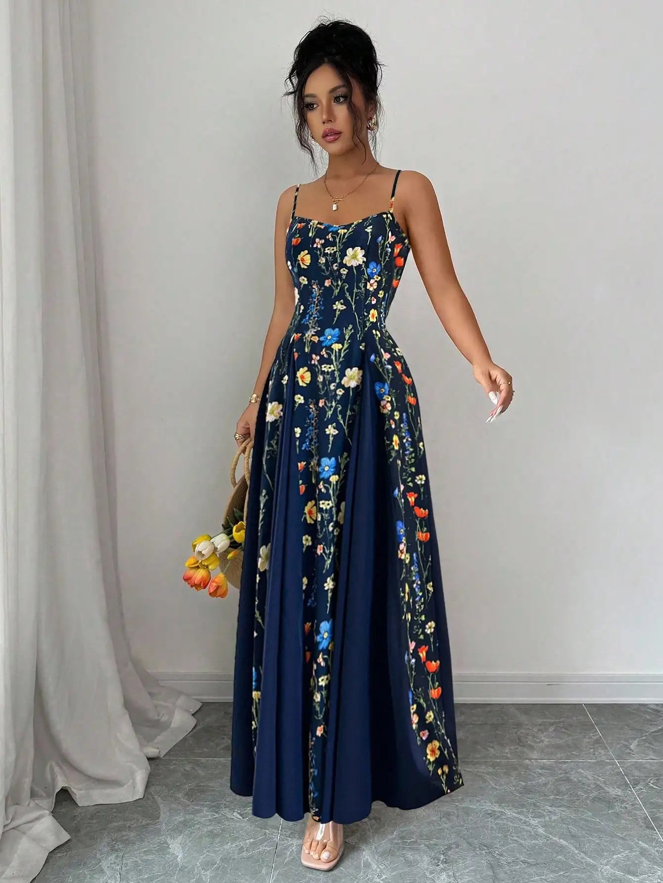 

Темно-синее платье макси с цветочным принтом без рукавов для женщин, повседневное, для отдыха на пляже и вечеринок