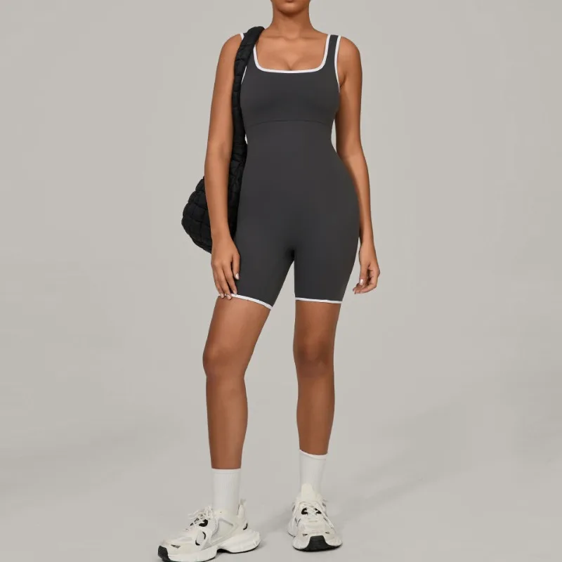 

Women's Color Block Yoga Jumpsuit - Fashion Wide Collar Backless Sports Bodysuit for Gym Running Outdoor Fitness Workout