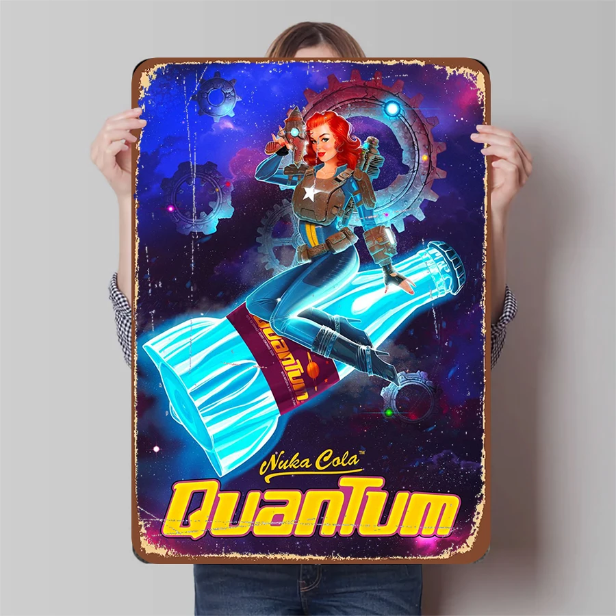 Nuka Cola Quantum Retro Sci-Fi Metal Tin Sign Vintage Pin Up Girl Poster Gaming Decor for Man Cave Bar Wall Art Collectible Gift