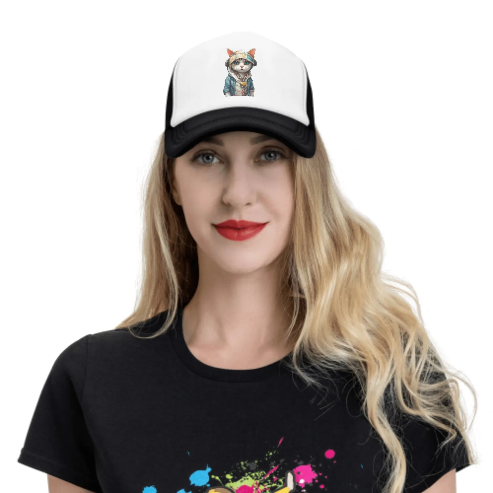 Przystojny kot ze słuchawkami nadruk siatka czapka z daszkiem czapki z daszkiem sportowa regulowana czapka typu Snapback