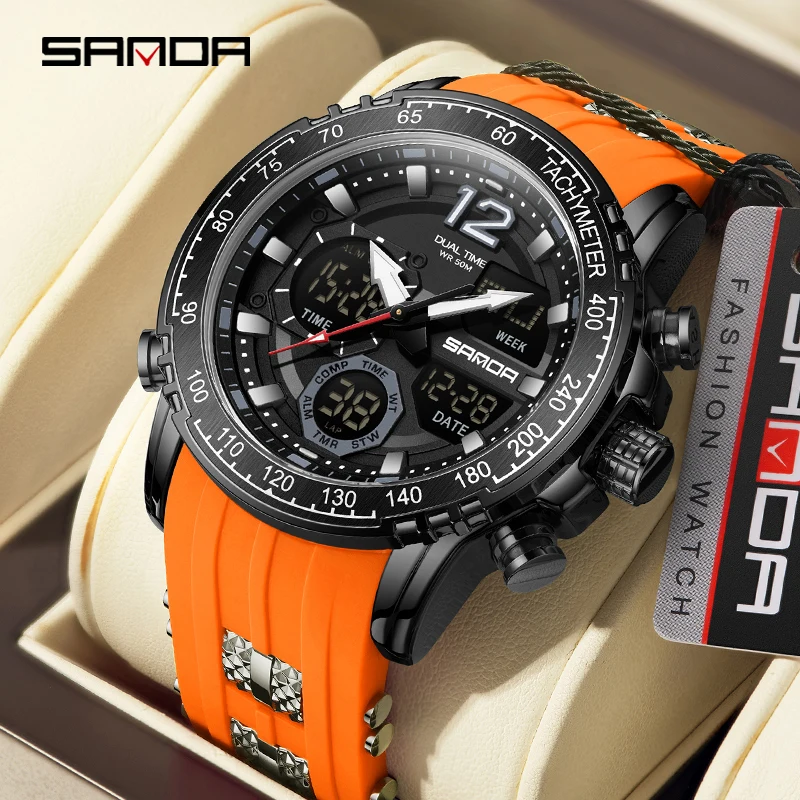 SANDA Military Sports LED Electronic Quartz Dual Display Men\'s Watch Multi Functional Waterproof Men Clock New Relogio Masculino