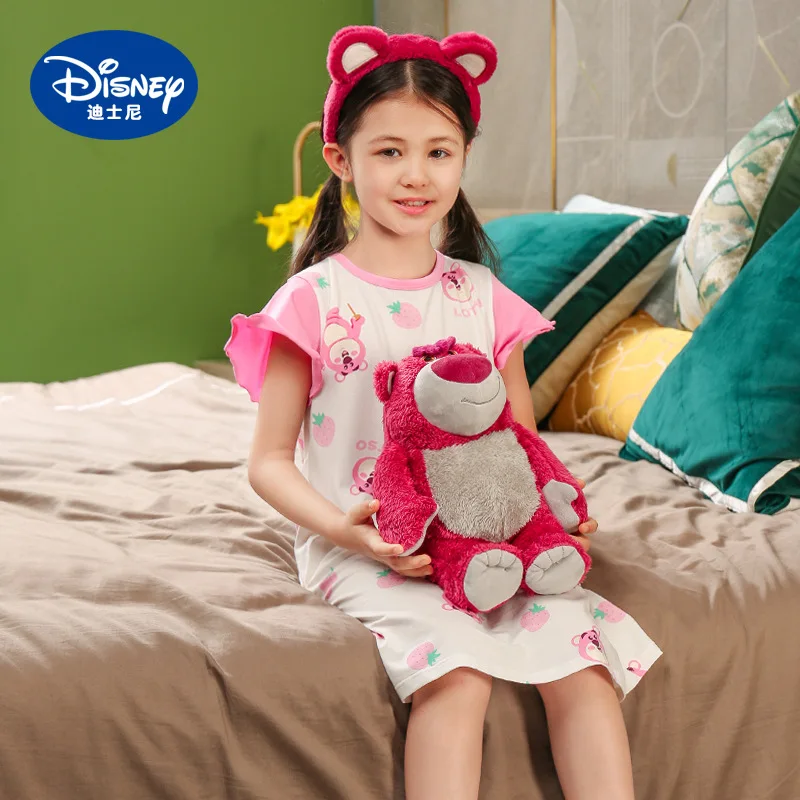 

Disney Authentic Children's Dresses Girls Short-sleeved Summer Home Wear Pajamas Anime Strawberry Bear Cartoon Girls Nightgowns