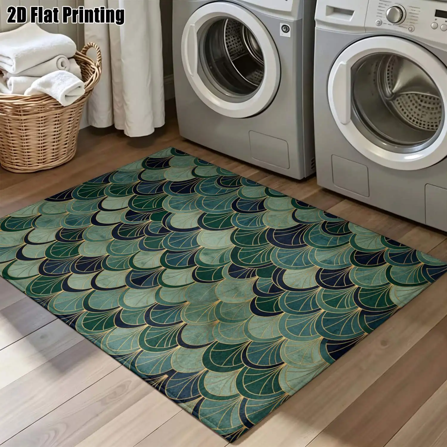 1Pc 2D Printed Carpet: Dark Green Gradient Fan Scale Pattern, Retro/Minimalist/Instagram Style, Home Decor, Multi-Size, Machine Washable, Suitable for Entrance/Dining/Foyer/Study/Living Room/Bedroom