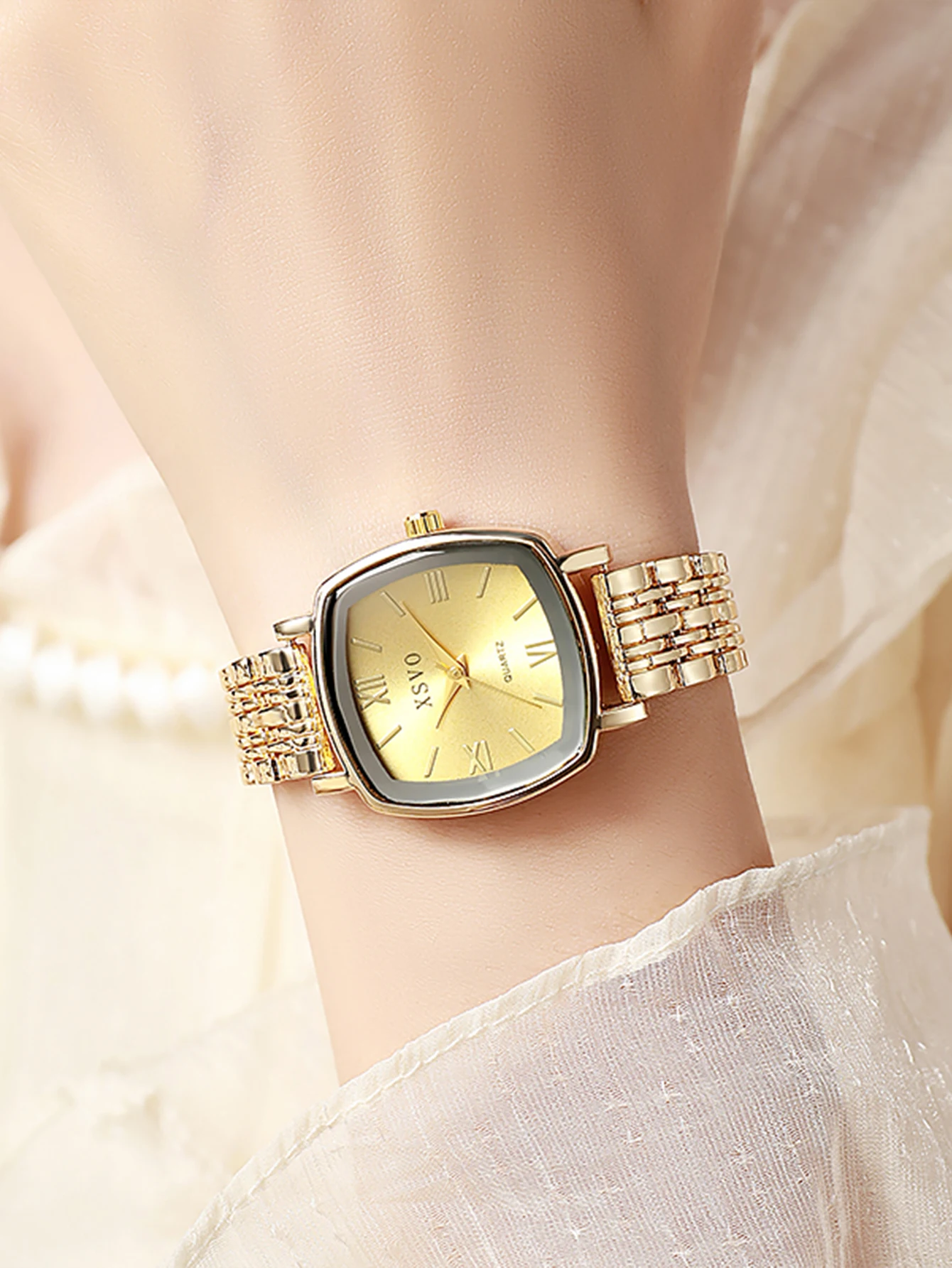 Juego de 6 pulseras de reloj de cuarzo para mujer, material de aleación con esfera cuadrada, moderno y elegante, adecuado para Acción de Gracias