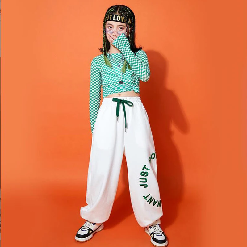 Kids Concert Outfits Hip Hop Clothing Checkered T Shirt Casual Streetwear Sweat Jogger Pants for Girl Jazz Dance Costume Clothes