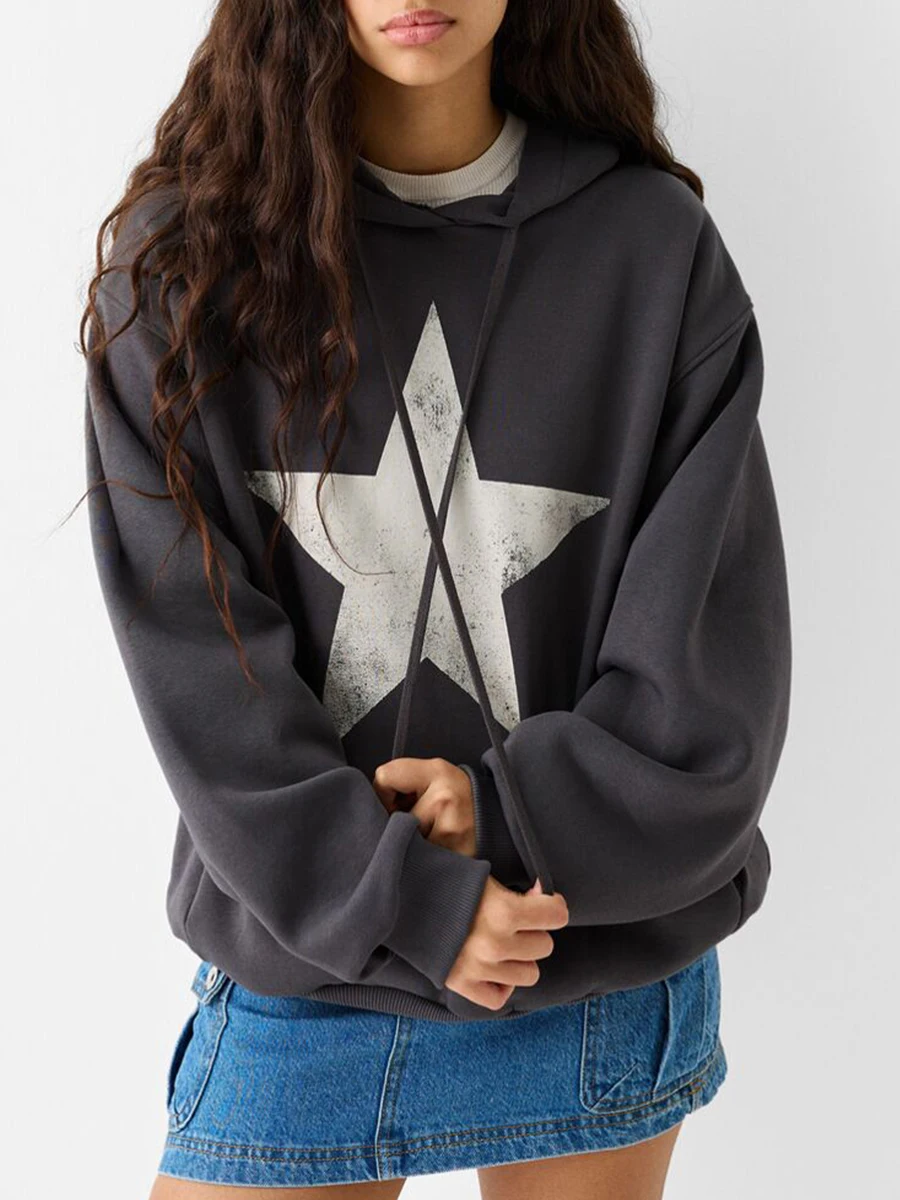 Women s Oversized Hoodies with Star Print and Drawstring Hood Long Sleeve Sweatshirts Pullovers for Fall Winter Casual Wear