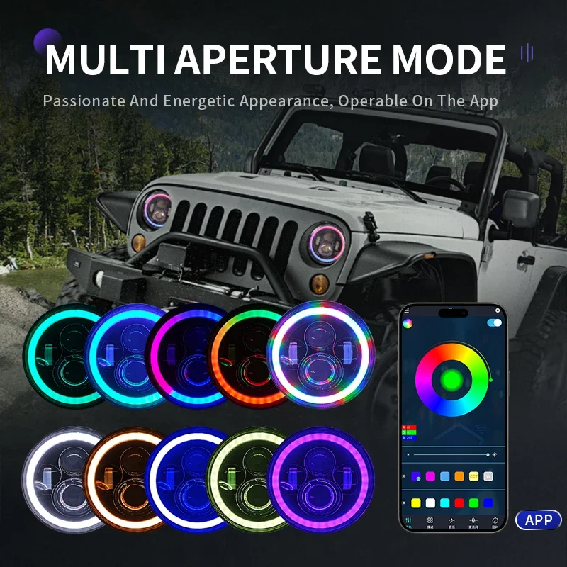 

RGB Halo Ring 7 Inch Round Car LED Headlights 1 pair APP Control Angel Eyes Off Road H13 H4 LED Lamp for Wrangler Harley Jk Tj