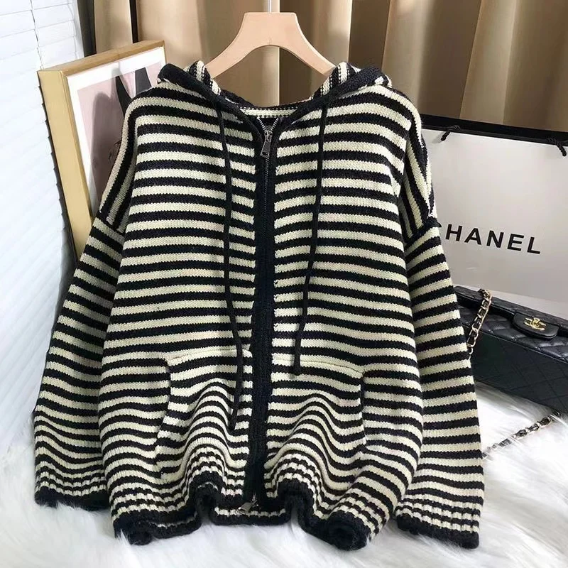 Stripes Hooded Knitted Cardigan Autumn Winter Woman Korean Fashion Loose Casual Zipper Coat Female Sweater Outerwear Tops