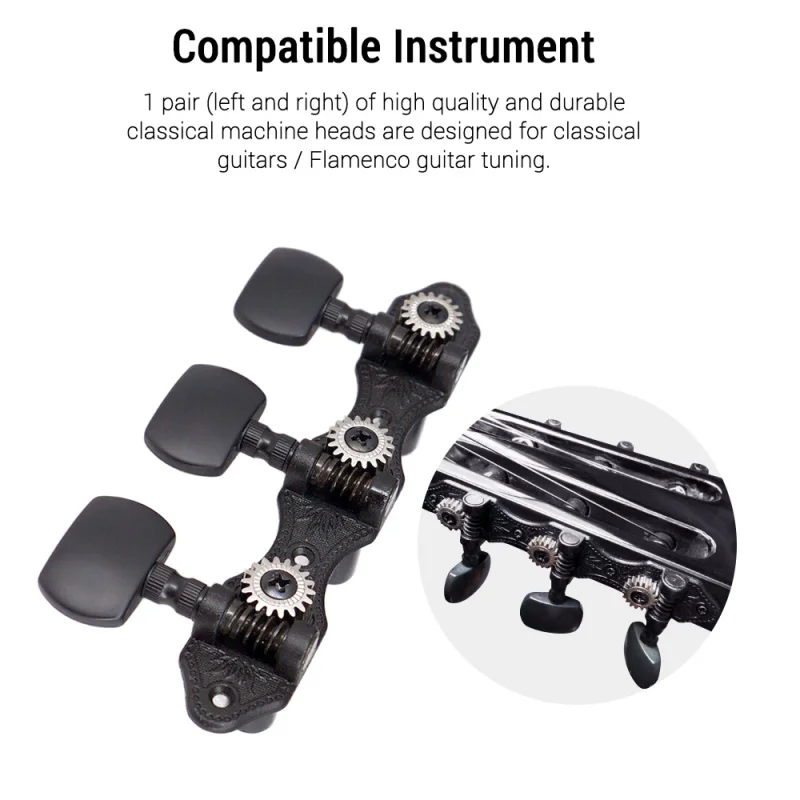 1 Pair 1:18 Black Classical Guitar Tuners Machine Heads Tuning Key Pegs for Classical Guitar or Flamenco Guitar