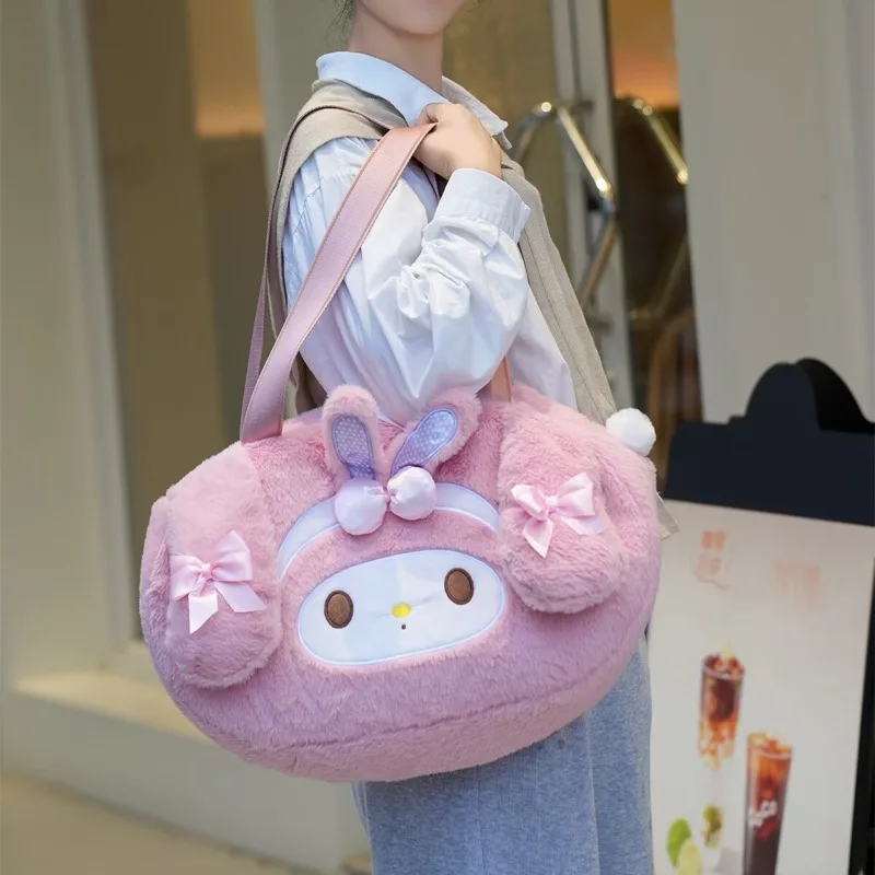 

Новая большая вместительная сумка на плечо с рисунком My Melody Piano Kawaii Girl, портативная портативная косметичка, зимняя плюшевая сумка для горячей воды, набор