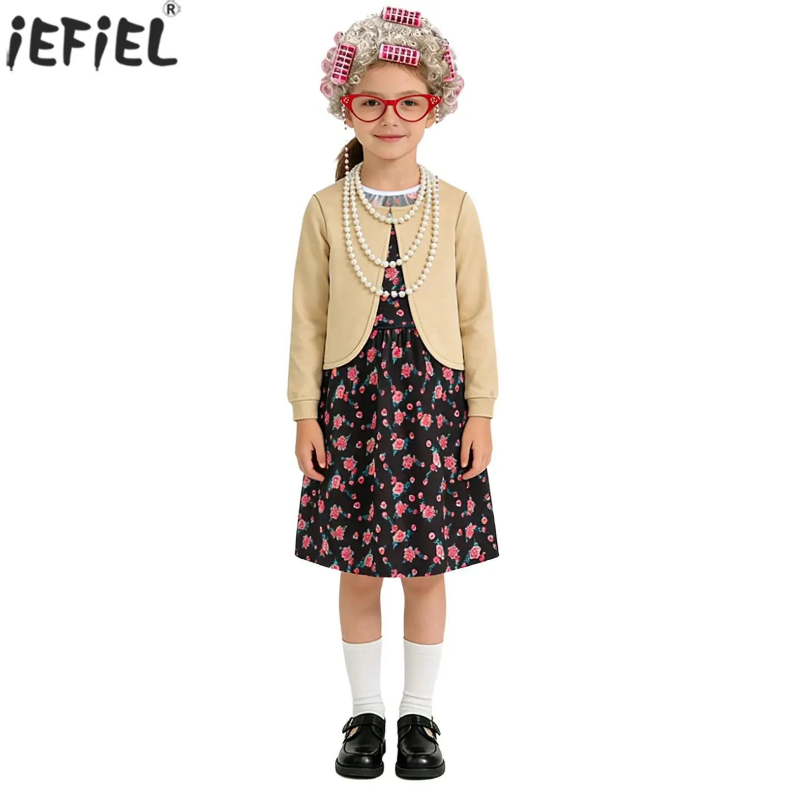 Kids Girls Old Lady Costume Granny Grandma Cosplay Outfit Printed Dress with Cardigan Fake Wig Necklace Glasses for School Party