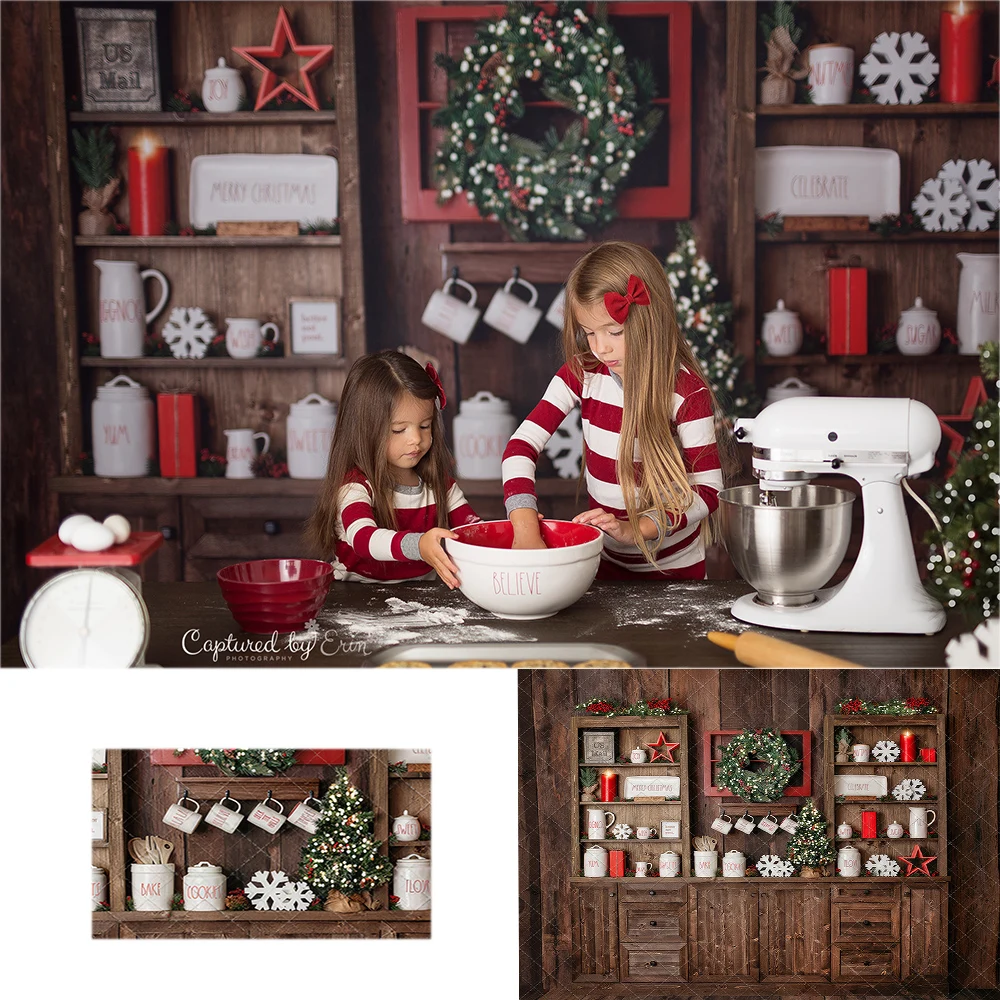 Merry Christmas Kitchen Backdrops Child Adult Festival Photography Baby Kids Photocall Decors Santa Claus Backgrounds