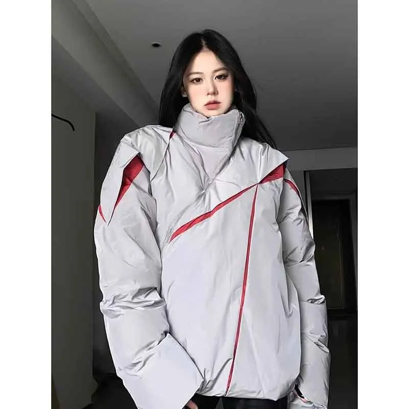 

Y2K Fashion Patchwork Women Short Parkas Bf Korean Loose Streetwear Irregular Zipper Coat Stand Collar Long Sleeve Jackets