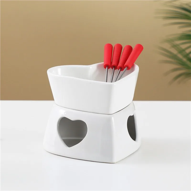 320ml Ceramic Heart-Shaped Fondue Pot Set with 4 Forks - White & Red Options - Perfect for Chocolate & Cheese Desserts
