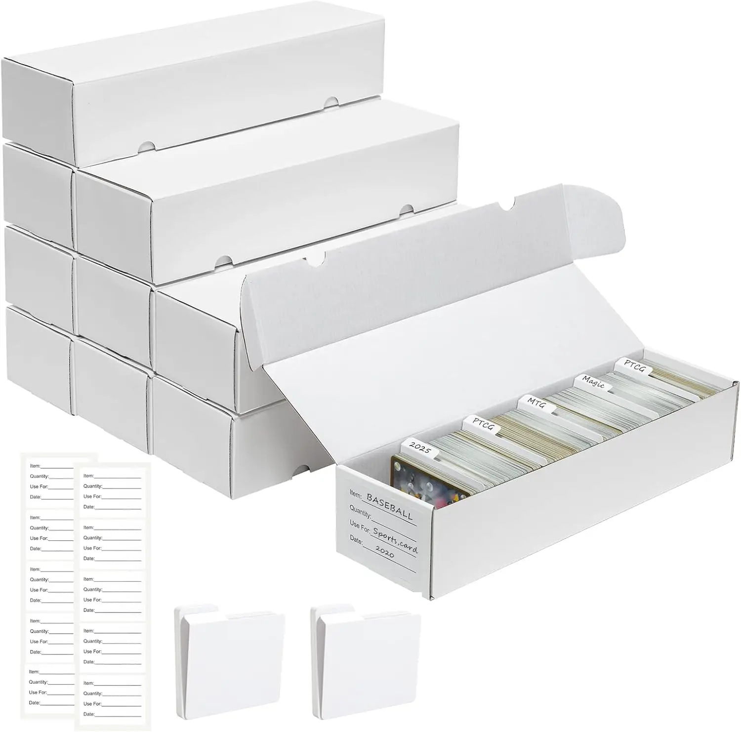 

1100 Count Bulk Card Storage Box with Dividers - White Corrugated Cardboard Organizer for Sports Cards, MTG, TCG
