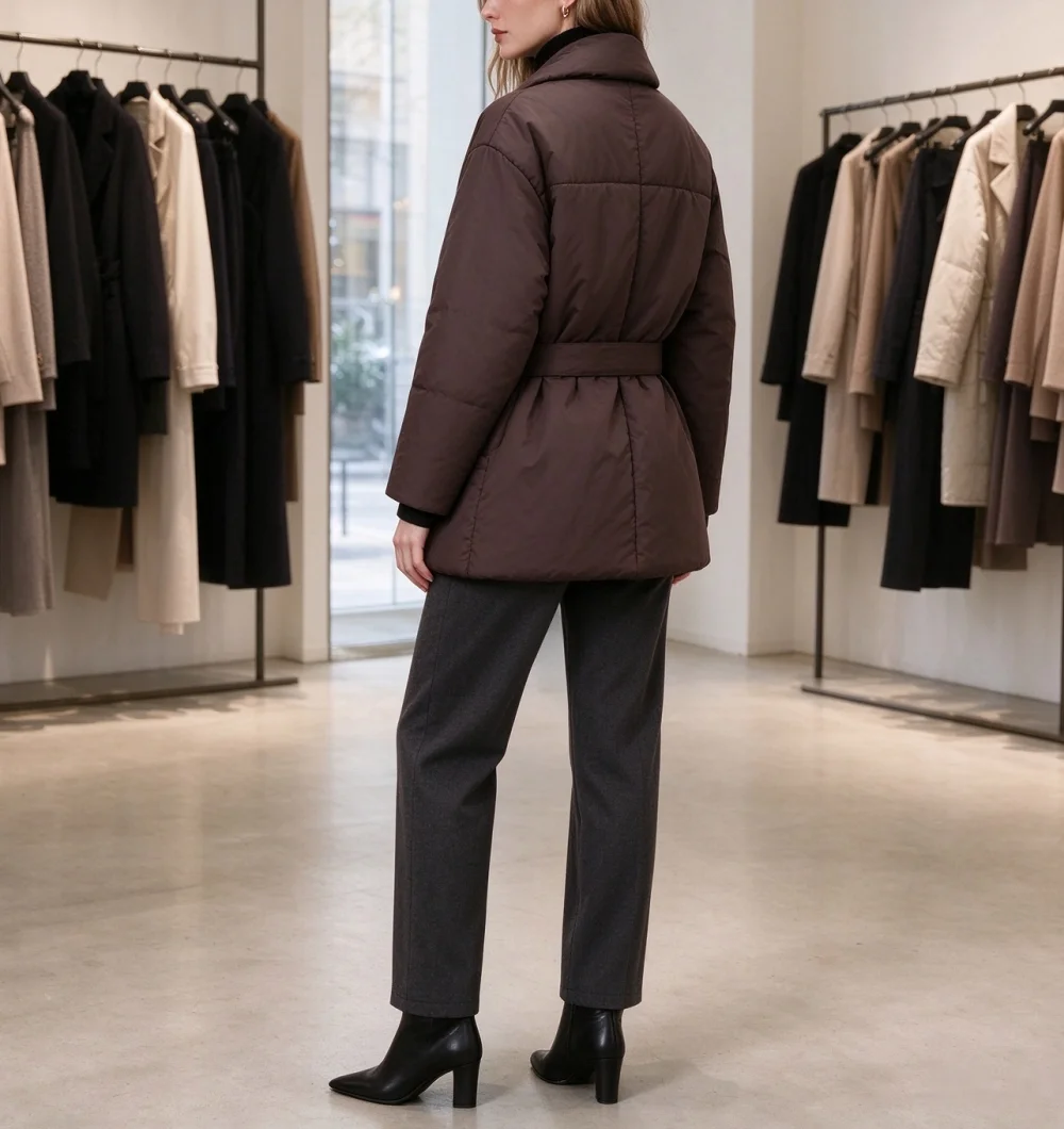 Women Solid Color Belted Puffer Coat, European American Style Trendy Loose Warm Winter Cotton Jacket