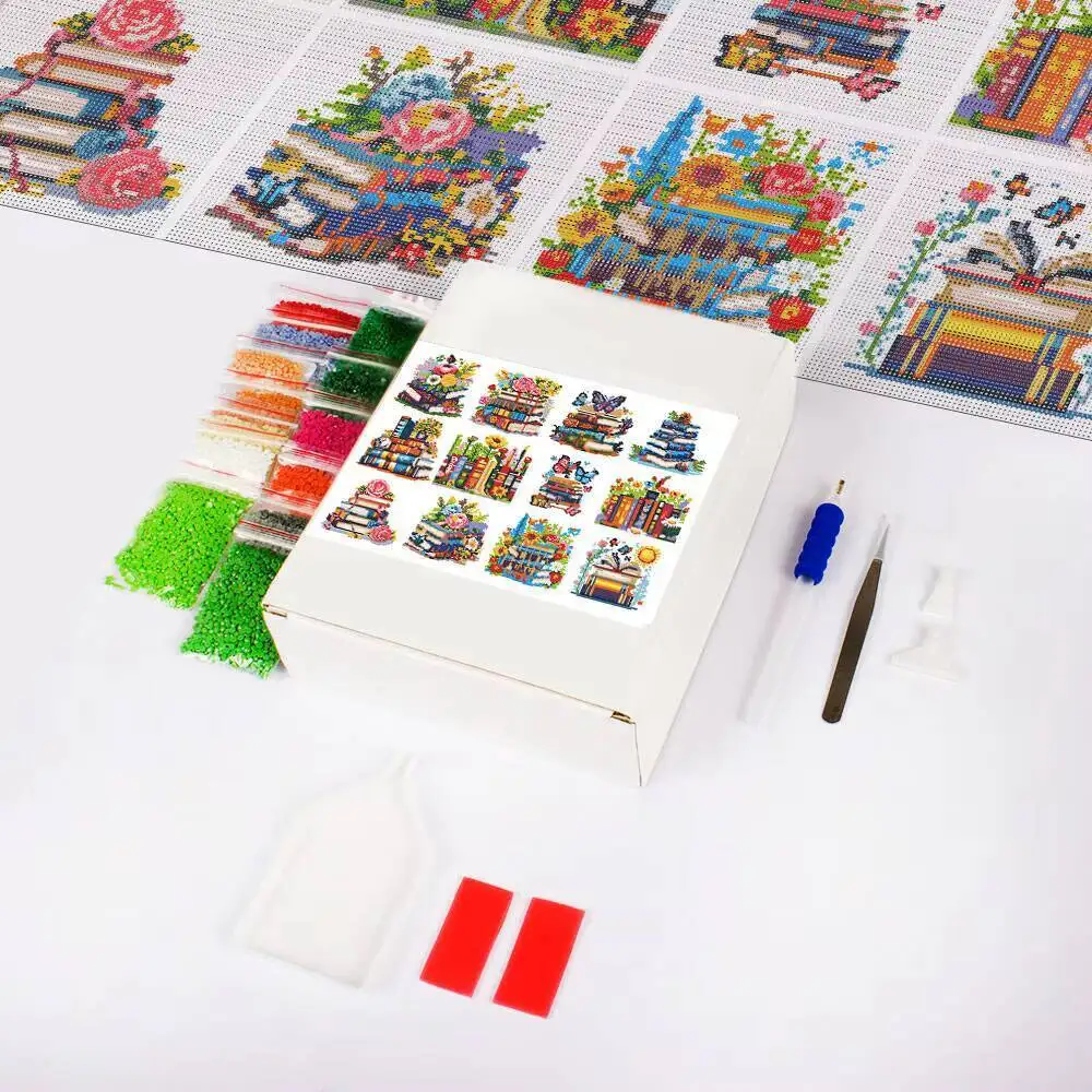 Huacan 12 stuks landschap mini diamant schilderij boek bloem 5D vierkante diamant mozaïek dier handgemaakte vakantie cadeau muur home decor