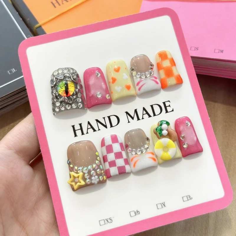 

10Pcs Trendy Press on Duck Nails Colorful Patterns Acrylic Handmade Fake Nails with Sparkling Rhinestones French Tip for Summer