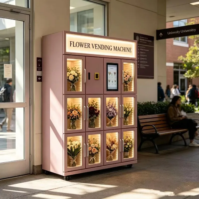 Custom Color Pink Flower Vending Machine Refrigerated Self Service Bouquet Locker Cabinet 24 Hours Working for  University