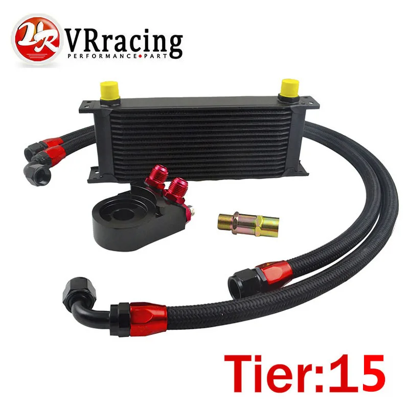 VR - UNIVERSAL 15 ROWS OIL COOLER+OIL FILTER SANDWICH ADAPTER BLACK + SS  STAINLESS STEEL BRAIDED AN10 HOSE