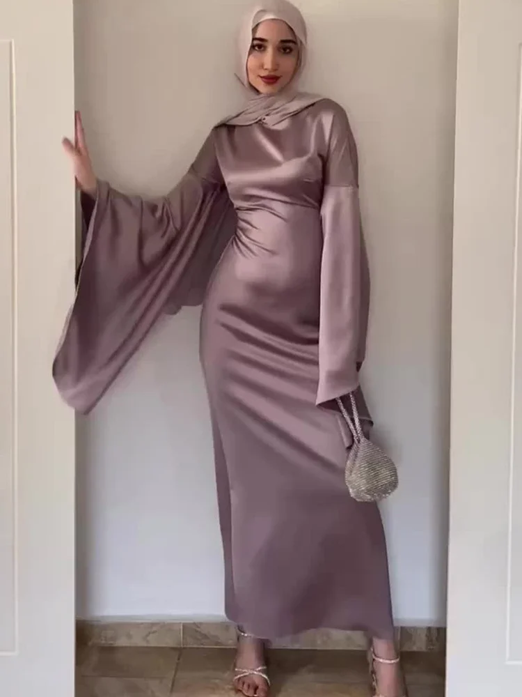 Eid Muslim Abaya Dress Women Satin Flare Sleeve Jalabiya Party Dresses Ramadan Kaftan Islam Vestido Arab Long Robe Morocco Dubai