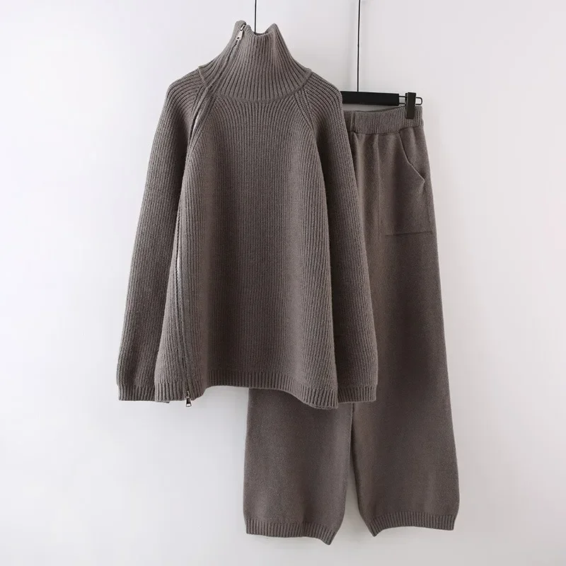 Solid Color Loose Knit Two-piece Set, Ladies Autumn Winter Fashion Diagonal Zipper Sweater Top + Wide-leg Pants Casual Knit Suit