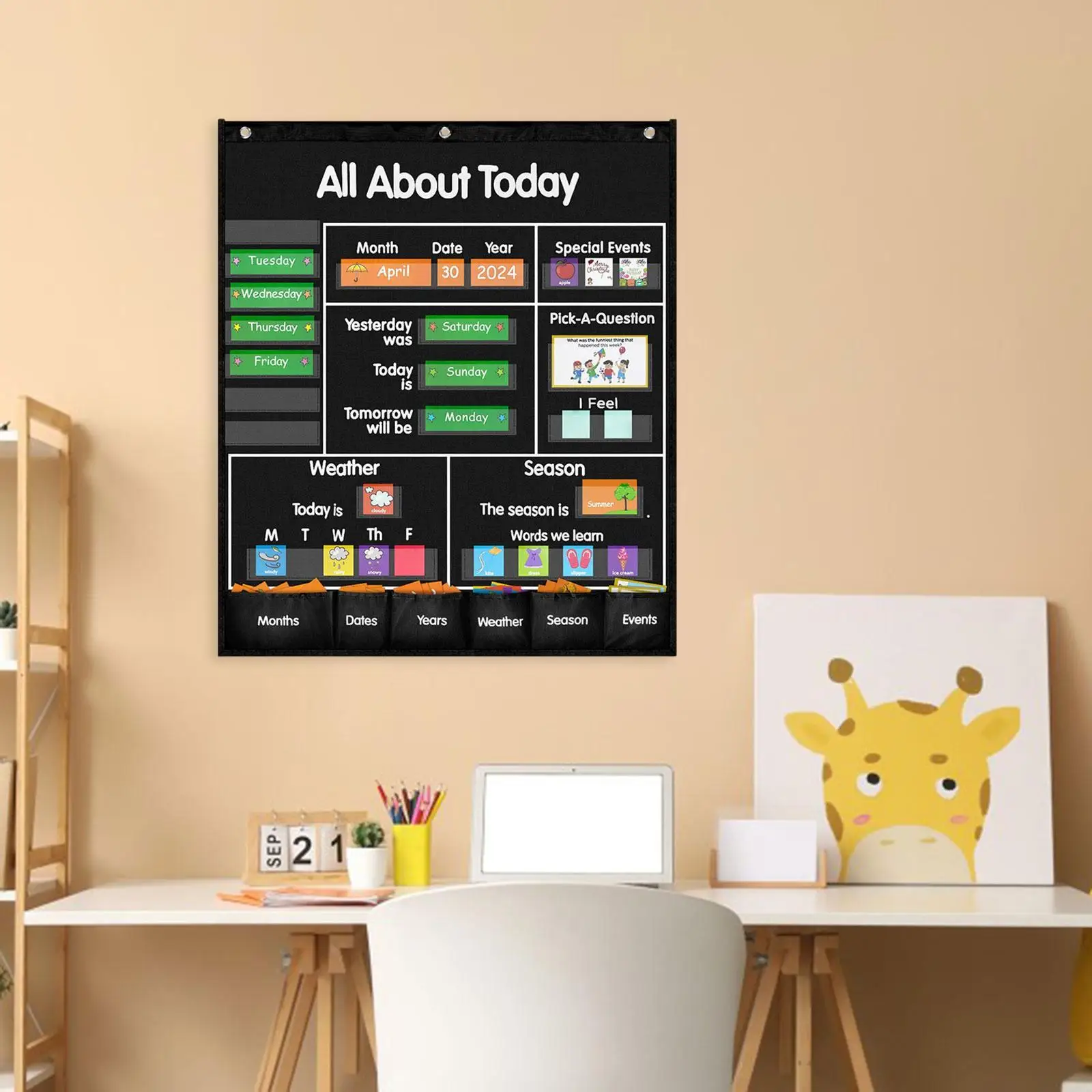 All About Today Learning Center Pocket Chart, Weather & Calendar Pocket Chart, Fun Educational Tool Toy