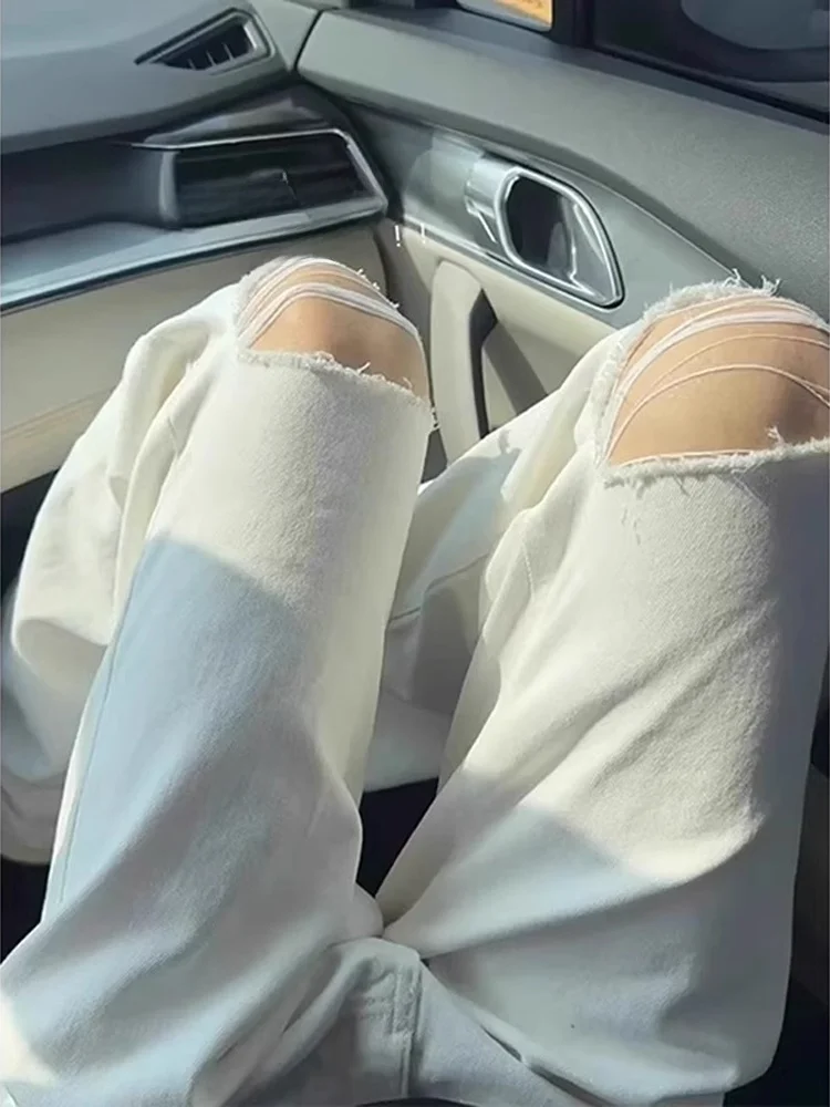 

Белые рваные мужские джинсы приталенного кроя, летние американские уличные прямые брюки, модные брендовые модные прямые брюки-трубы