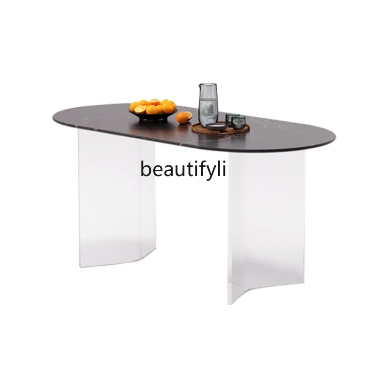 

Acrylic Suspension Oval Modern Dining Table Stone Plate Dining Table Home Italian Style