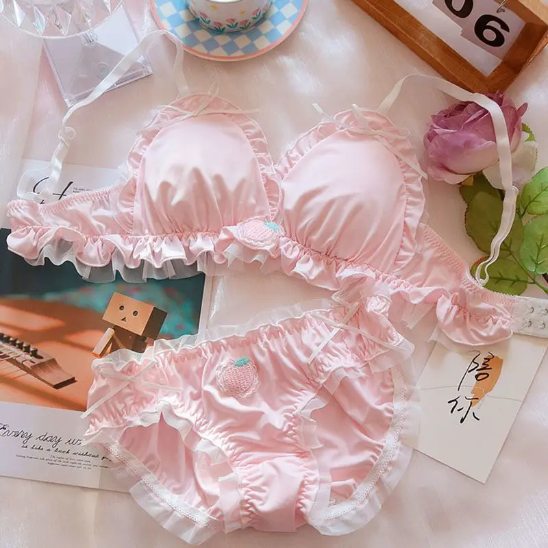 

Японский милый комплект с кружевным бюстгальтером для девочек, сексуальный сладкий комплект нижнего белья без оправы, сладкий комплект для сбора боковой груди, антипровисающий сладкий комплект