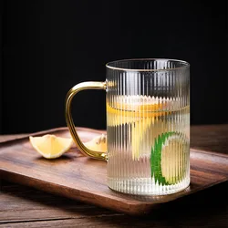 Glass Mug with Golden Handle Glass Coffee Cups Portable Transparent Ribbed Glass Water Drinkware Home Office Milk Tea Cup
