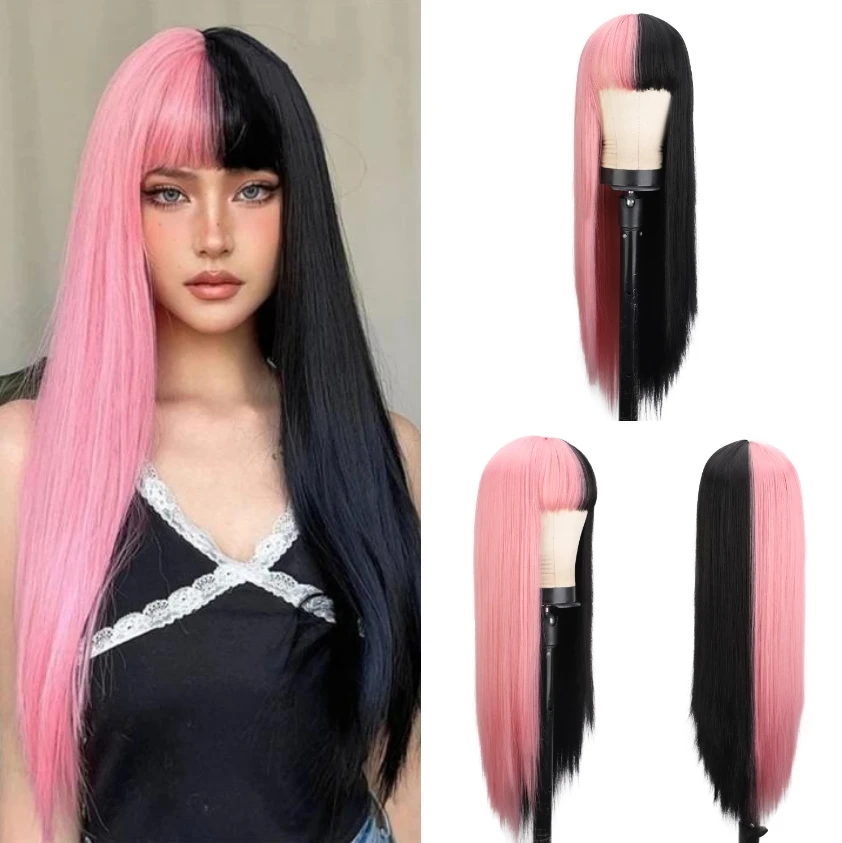 

28 Inches Synthetic Long Black Pink Wigs with Bangs Straight Hair Cosplay Lolita Natural Look Wigs for Women Daily Party Wear