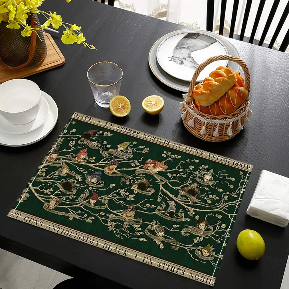 1-Pack Noble House of Black Family Tree Linen Placemats, for Family Gatherings, Parties, Kitchens, Restaurants