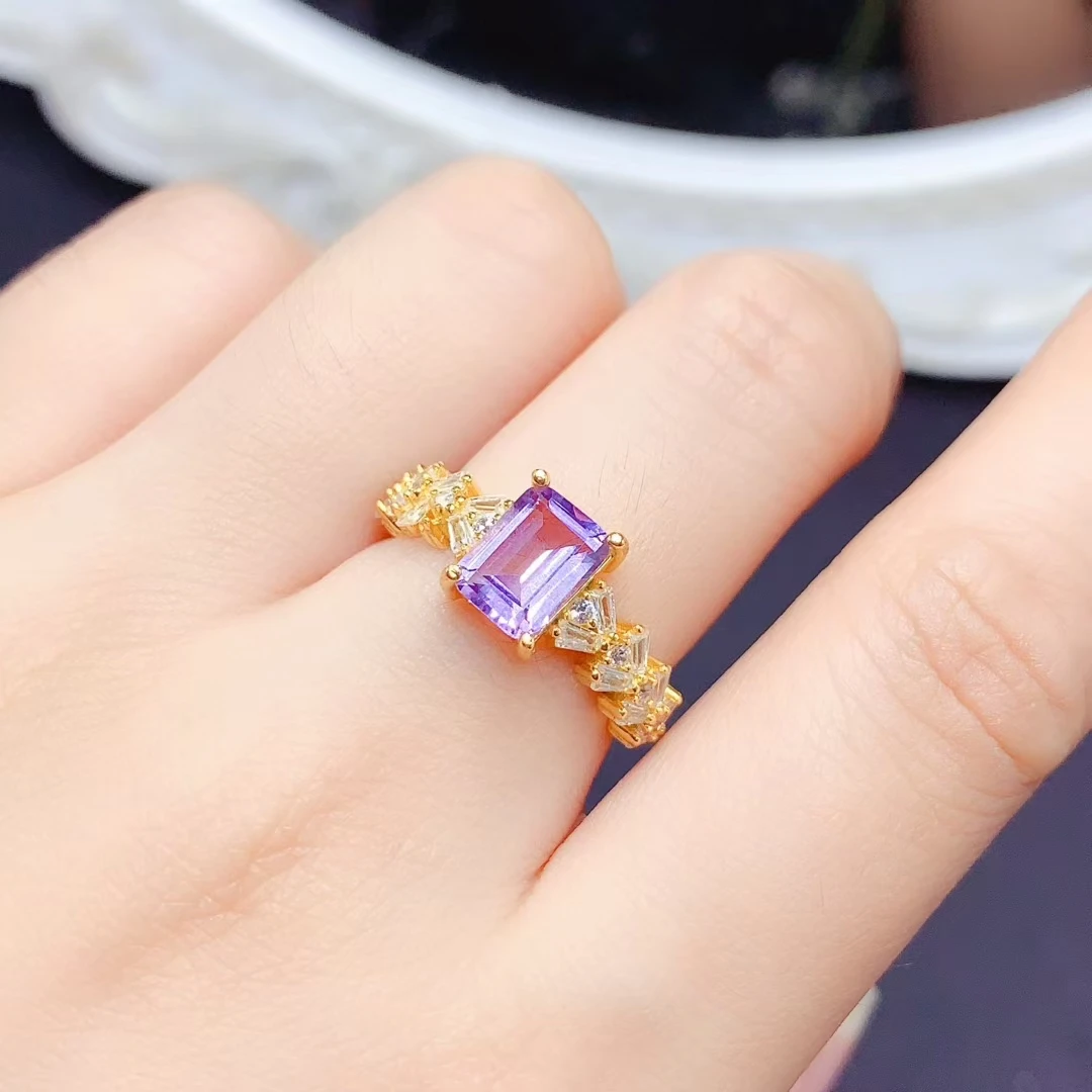 18K مطلية بالذهب جمشت الدائري 1.2ct 6 مللي متر * 8 مللي متر VVS الصف الجمشت الطبيعي خاتم فضة للنساء مكتب 925 الفضة كريستال مجوهرات