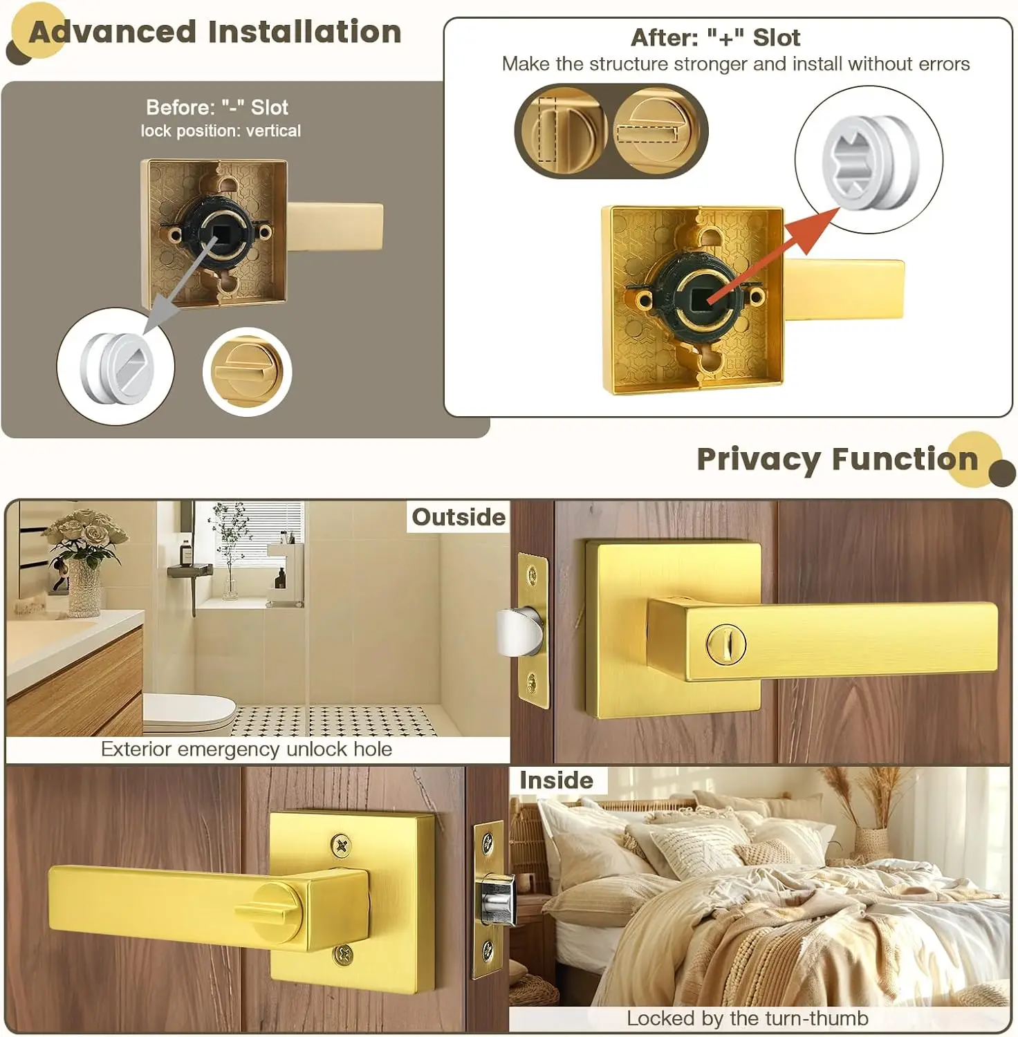 Gobrico Privacy Deurgreep Gouden Deurgrepen Zware Deurhendel Omkeerbare Vierkante Deurslot Handleset Voor Badkamer Keyless