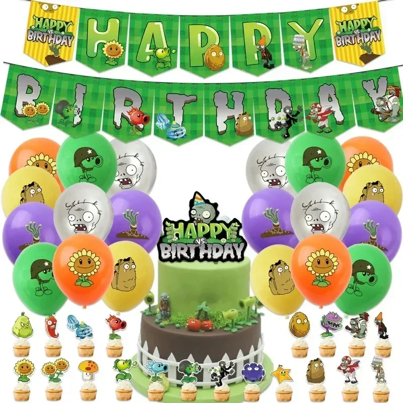 

Plants Vs. Zombies Game Theme Birthday Party Layout Scene Decoration Flag Pulling Inserting Cards Balloon Coil PVZ Party Gifts